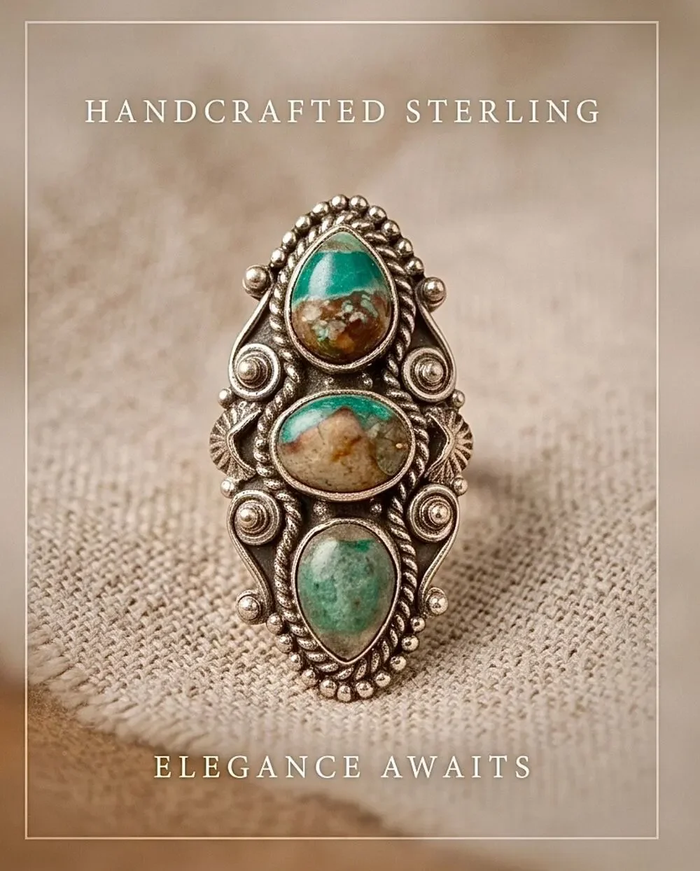 Royston Turquoise Three Stone Sterling 925 Ring Size 9 Adjustable